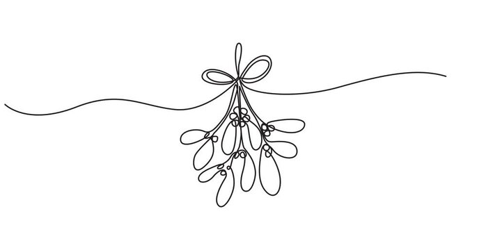 Animation of Continuous One Single Line Drawing of Mistletoe Winter Flower, Minimal Monoline Christmas Botanical Design, Hand Drawn Holiday Foliage, Seamless Loop Motion Graphics, Alpha Channel, 4K Vi