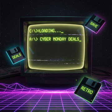 Retro computer screen displaying Cyber Monday deals vintage technology neon grid background