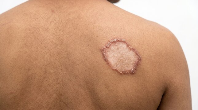 Close-up of a distinct red scaly ringworm tinea corporis fungal infection patch on a man's back
