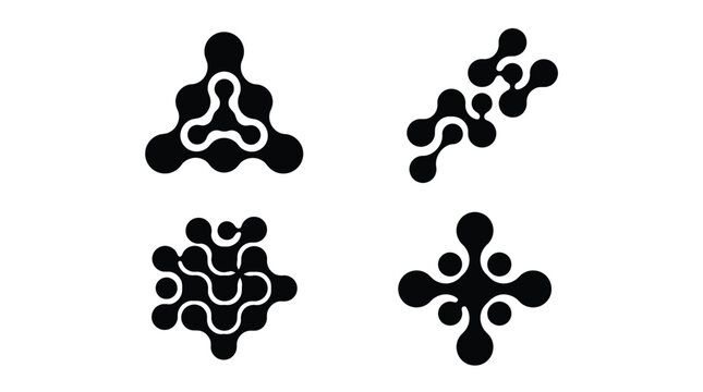 Minimalist black organic shapes set featuring interconnected dotted nodes for modern graphic design logo project templates