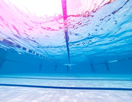 Underwater view of an empty pool, blue water, lane markers, sunlit surface