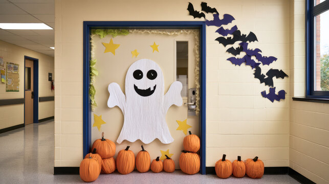 Halloween classroom door display with a smiling ghost, orange pumpkins, flying bats and yellow stars decorating a school hallway