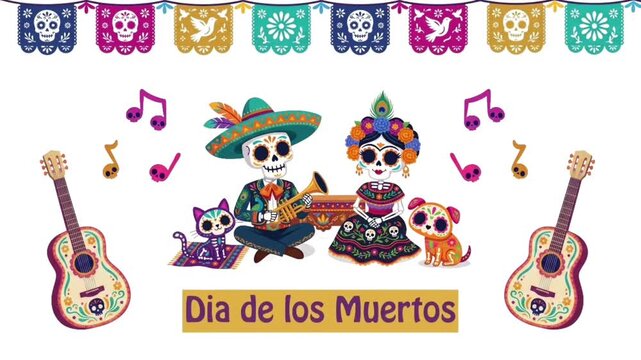 Animated Dia de los Muertos Mexican Celebration with Colorful Sugar Skulls, Mariachi Skeletons and Guitars, Suitable for Halloween, Cultural Festival, Music and Day of the Dead Content