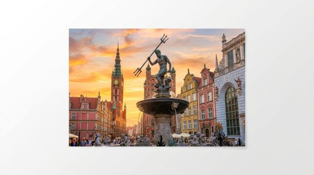 Neptune fountain statue in the old town of gdansk poland during a beautiful orange sunset with historic buildings around