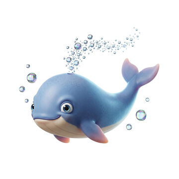 Happy blue cartoon whale playfully spouting water bubbles