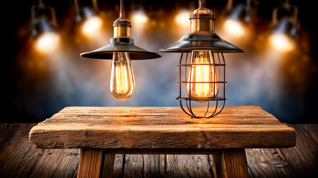 Industrial hanging lamps with glowing vintage edison bulbs over a wooden table