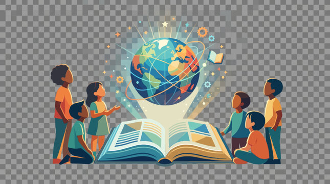 Group of diverse children gathered around an open book with a glowing holographic globe projection