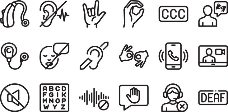Deaf awareness and sign language communication icons featuring hearing aids and gestures hand gestures line art outline vector icon set hearing loss call center video call black and white