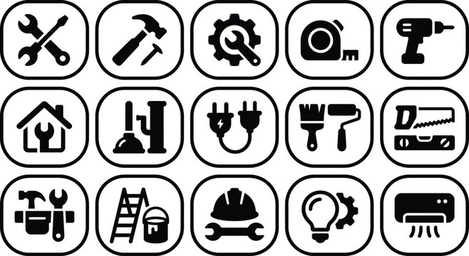 Rounded square construction tools icons vector layout