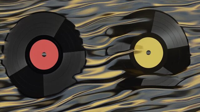 Warped Vinyl Records Melting into Liquid Gold Texture Background