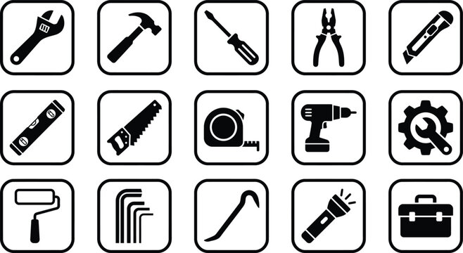 Set of rounded square construction tools icons