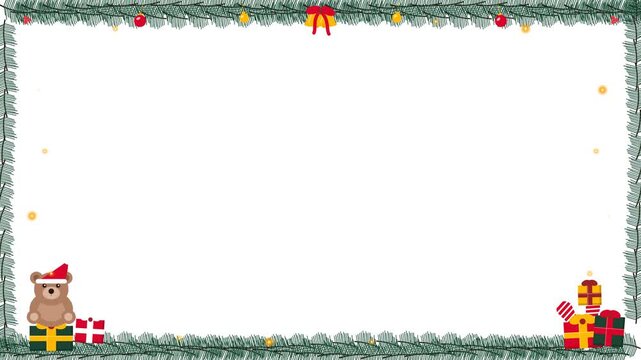 Decorative Christmas Pine Garland Border with Cute Teddy Bear and Gifts, Holiday Motion Graphics