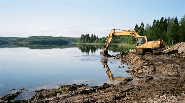 Yellow excavator working on the rocky shoreline of a calm lake during a sunny summer day