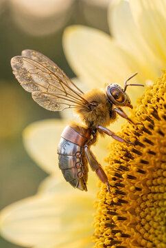 Vertical macro photo of a steampunk mechanical bee on a yellow sunflower. Bio-mechanical robotic insect with metal abdomen and transparent wings