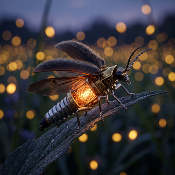 Macro photograph of a glowing mechanical firefly on a green leaf. Biomechanical steampunk insect with a light bulb abdomen. Futuristic robot bug concept with twilight bokeh background