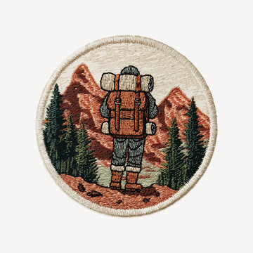 Backpacking figure with large rucksack in mountainous forest landscape, embroidered patch style, ideal for travel blogs, adventure gear and outdoor recreation advertising.