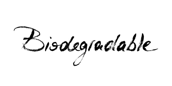 Grunge Biodegradable Text Calligraphy. Handwritten ink lettering, hand drawn script. Brush stroke vector quote for eco friendly posters, cover, invitation, cards.