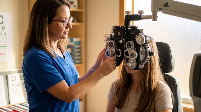 Optometrist Adjusting Equipment While Patient Looks into Phoropter 