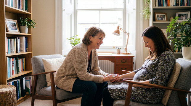 Midwife Talking with Pregnant Patient in Warm Consultation Room 