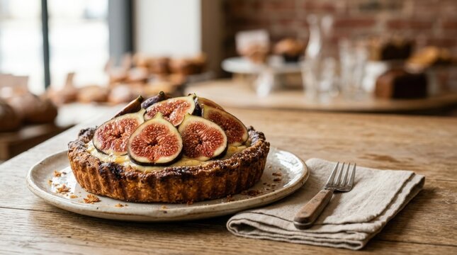 Delicious Fig Tart on Rustic Wooden Table in Cozy Cafe Setting