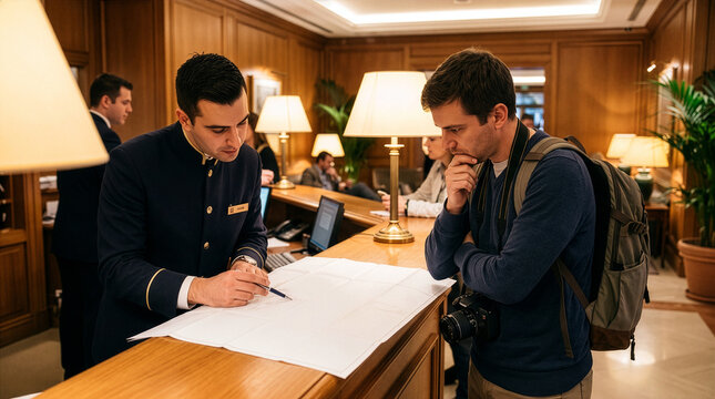 Concierge Pointing Out Directions on Paper Map to Tourist 