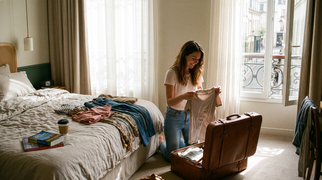 Traveler Unpacking Suitcase in Bright Hotel Room 
