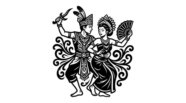 Balinese couple performing traditional dance in ceremonial attire.