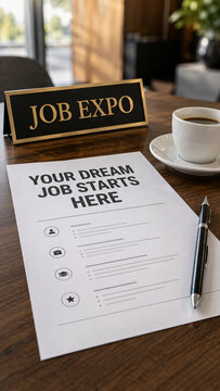 Office desk with "JOB EXPO" sign and "YOUR DREAM JOB STARTS HERE" resume next to coffee