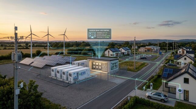 Smart Grid Concept: Integrated Renewable Energy with Wind Turbines, Solar Panels, and Battery Storage Powering a Modern Residential Neighborhood at Sunset