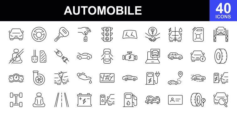 Automobile icon set. Contains such icons as car, auto, automobile, auto service, rent, vehicle repair, wheel, engine, battery, fuel, traffic, brake and more. Linear icon collection Vector illustration