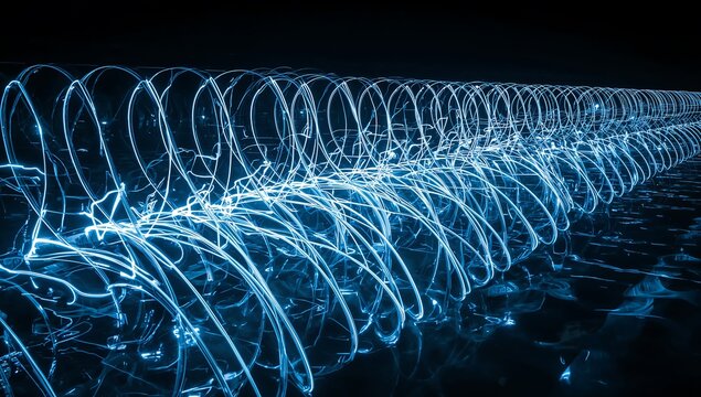 Neon blue barbed wire fence coils glowing in dark security perimeter background