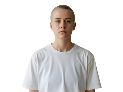 A portrait of a young person with a buzz cut wearing a plain white t-shirt