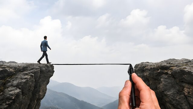 Giant hand drawing a line with a pen to create a bridge for a businessman crossing a cliff gap. Concept of business support and overcoming obstacles.
