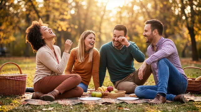 Friends Having Picnic in Park Laughing Together 