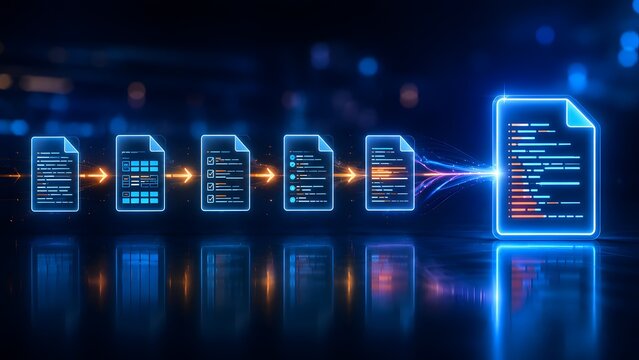 Glowing blue digital document icons arranged in a sequence connected by arrows. Concept of workflow automation and data integration.