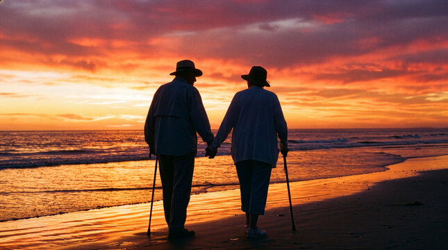 Elderly Couple Walking Hand in Hand Along Beach at Sunset 