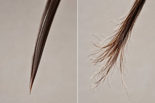 feather on the sandClose-up of smooth, healthy hair tip against dry, split end hair strand.