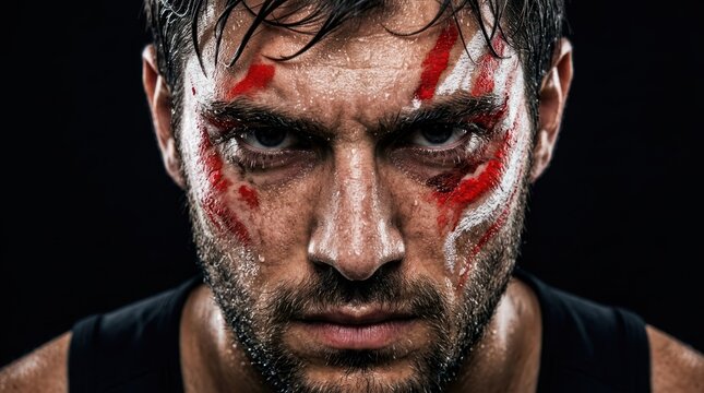 Injured fighter portrait with blood splatter and intense stare