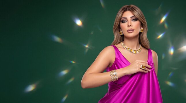 Luxury jewelry advertising banner with confident woman wearing radiant citrine diamond necklace set in magenta satin dress, copy space