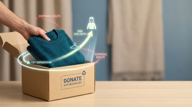Hand placing neatly folded sweater into clean donation box for clothing donation and product life extension initiatives