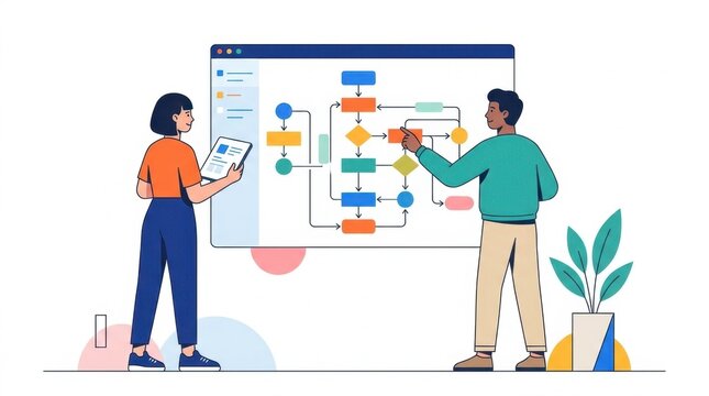 Business people analyzing a flowchart diagram on a digital screen