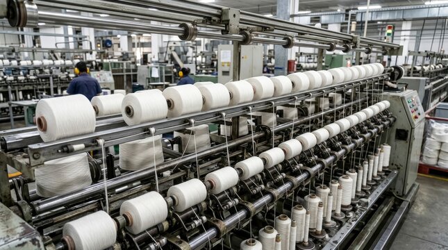 Industrial Automated Spinning Machine with Rows of White Yarn Spools in a Modern Textile Factory