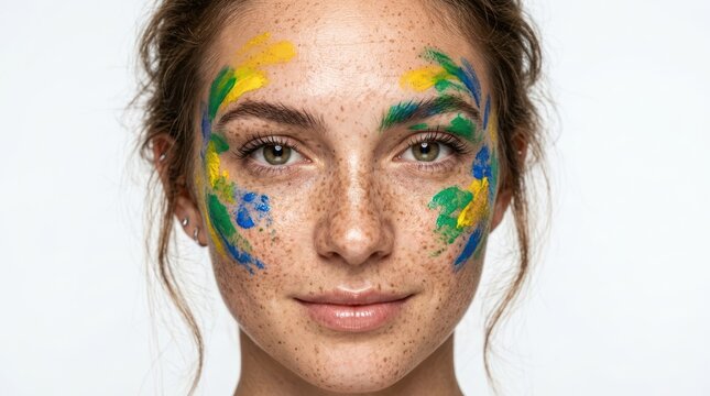 Colorful face paint portrait of young woman with artistic makeup on skin