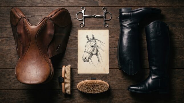 Equestrian gear with leather saddle, riding boots, and horse grooming tools on wood.