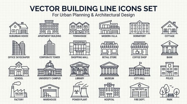 Vector Building Line Icons Set for Urban Planning and Architectural Design Including House, Office, School, Hospital, and Industrial Structures on Grid Background