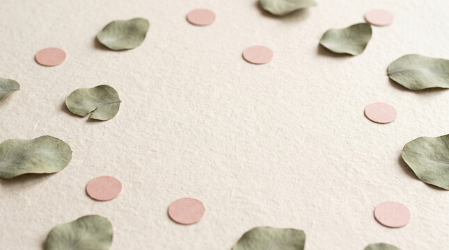 Flat lay frame of scattered eucalyptus leaves and pink confetti dots on textured paper background