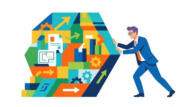 Businessman pushing a large abstract shape with business icons