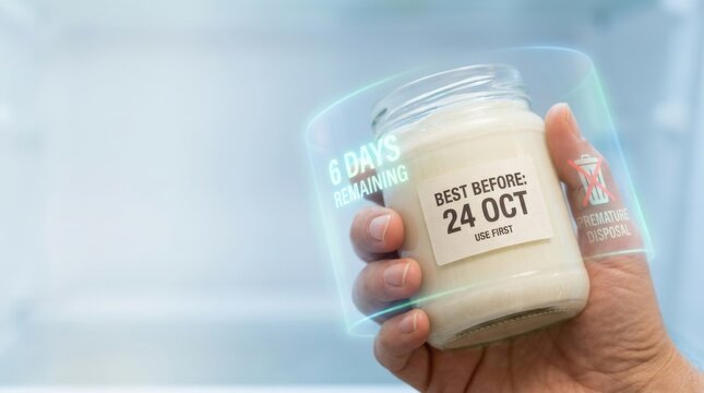 Person's hand checking food expiry date on unbranded glass jar of milk to promote food expiry awareness