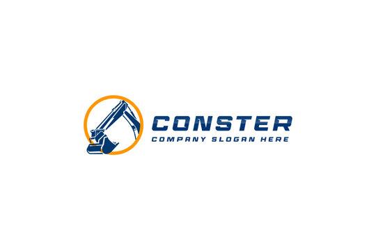 Construction company logo featuring an excavator arm silhouette inside a circle with bold typography against a clean white background