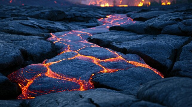 igneous. Volcanic lava flowing through rock fissures, cooling with metallic sheen veins. ESG reports, sustainability campaigns, designed for environmental awareness campaigns.